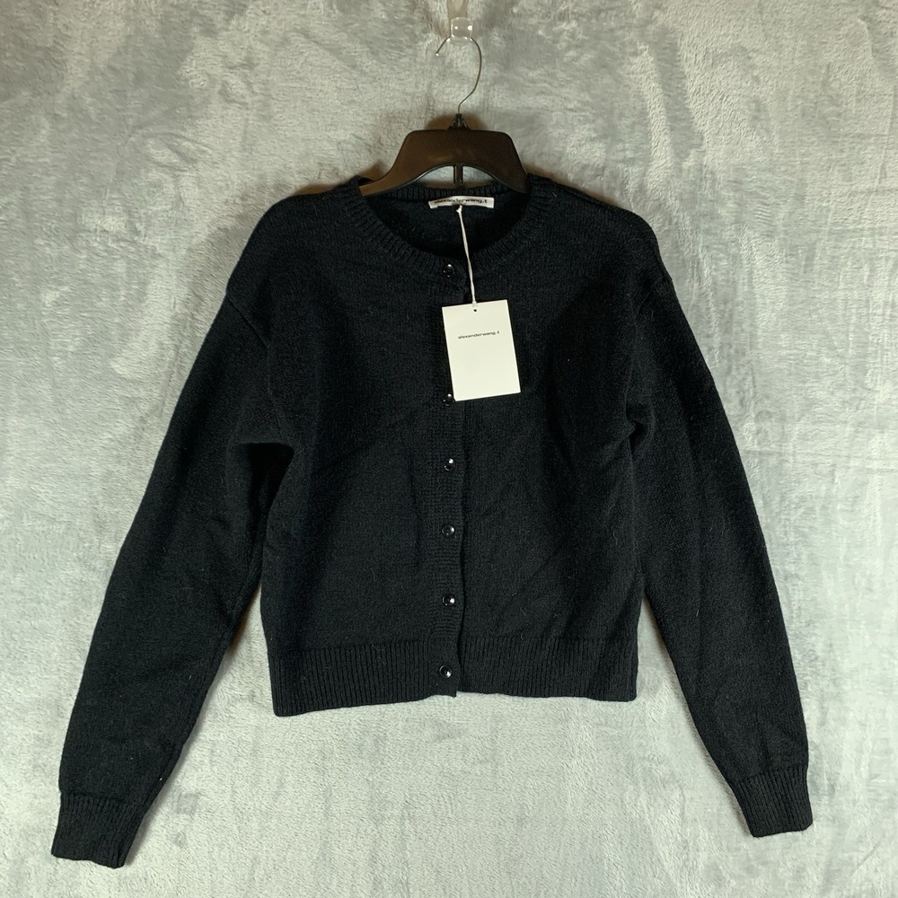 Alexander Wang Women's Cardigan Sweater Wool Black Button Up Cropped Crew Neck M